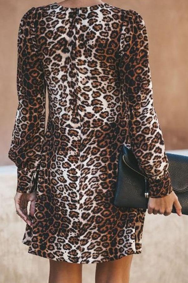 Round Neck  Leopard  Long Sleeve Casual Dresses