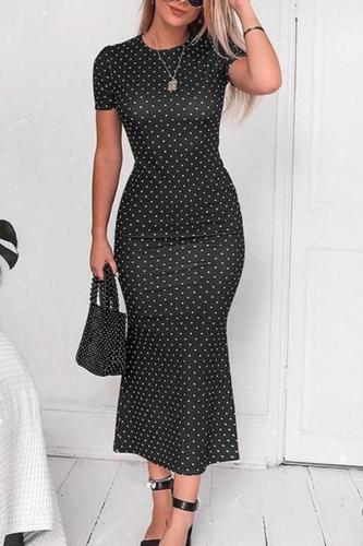Casual Round Neck Printed Colour Waist Fishtail Dresses