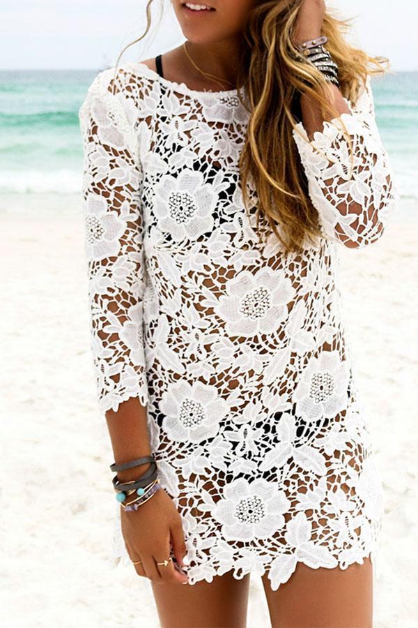Lace Round Neck Hollow Out Cover Ups
