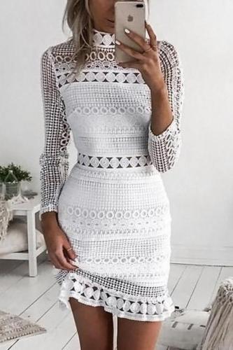 White Elegant Long Sleeve Hollow Bodycon Dress