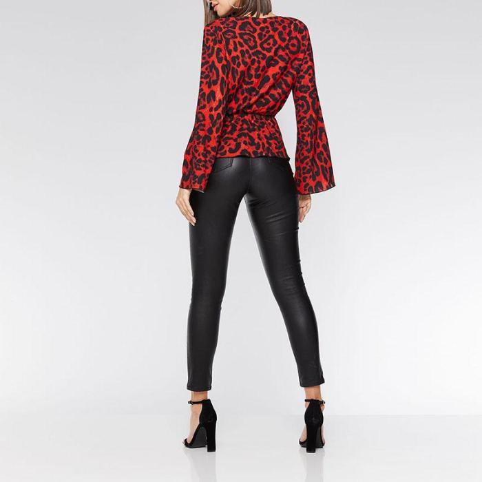 Sexy V Neck Leopard Printed Long Sleeve Blouses