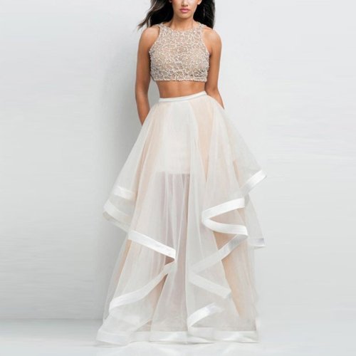 Geometric Pattern Net Yarn Irregular Wedding Maxi Dress