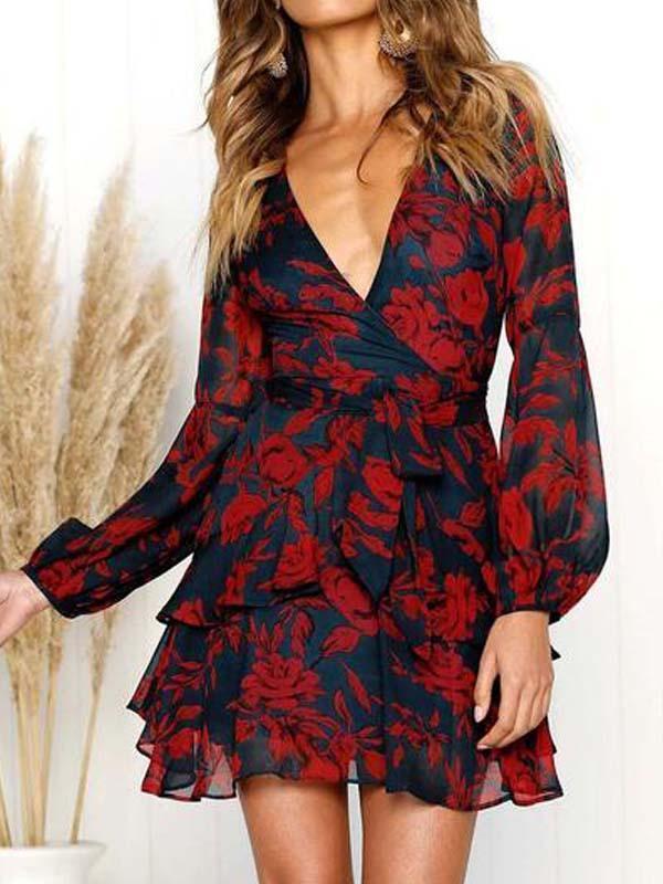 Sexy V-Neck Floral Print Bandage Casual Dresses