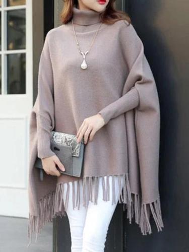 Asymmetrical Batwing Turtle Neck Fringed Solid Poncho
