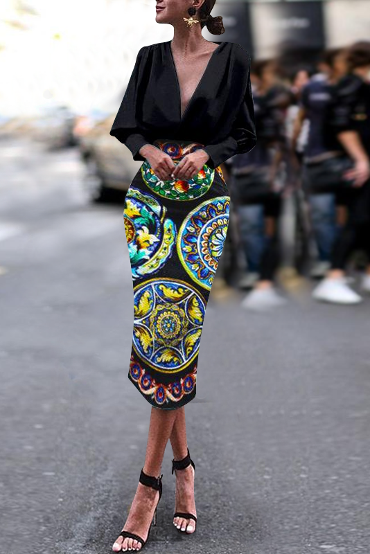 Fashion Business Elegant Slim Floral V Collar Long Sleeve Bodycon Dress