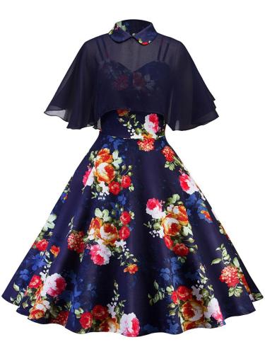 Doll Collar Hollow Out Cape And Spaghetti Strap Printed Skater Dress