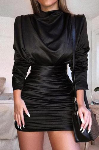 Fashion Long Sleeve High Collar Pure Colour Pleated Bodycon Dress