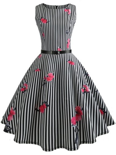 Contrast Piping Floral Striped Vintage Dresses