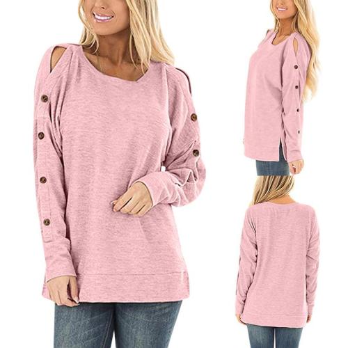 Round Neck Long Sleeve Hollow Out Button T-Shirts