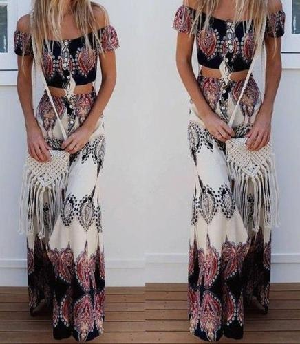Off Shoulder Exposed Navel Tribal Printed Short Sleeve Maxi Dresses