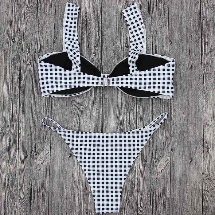 Black/White Plaid Printed Bikini Swimwear
