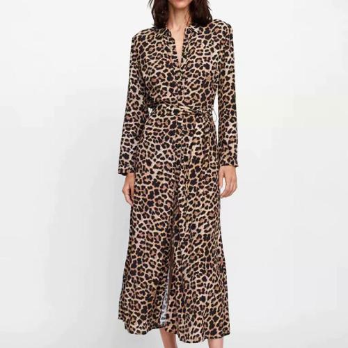 Lapel V Neck Leopard Printed Long Sleeve Belt Maxi Dress
