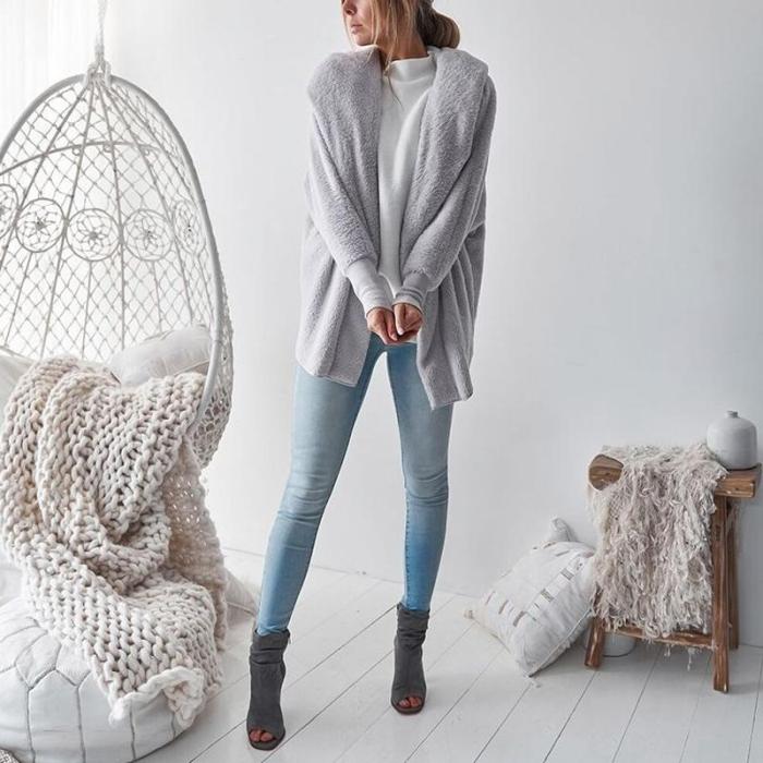 Fashion Casual Long Sleeves Plush Hooded Loose Cardigans