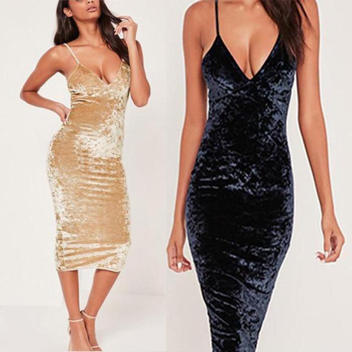 Sexy Gold Velvet Strap Dress
