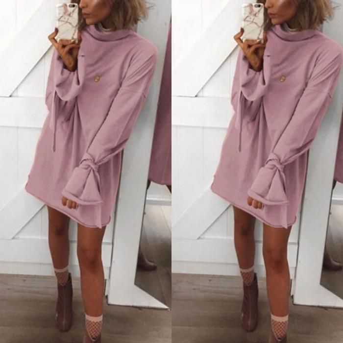 Round Neck  Plain  Bell Sleeve  Long Sleeve Casual Dresses