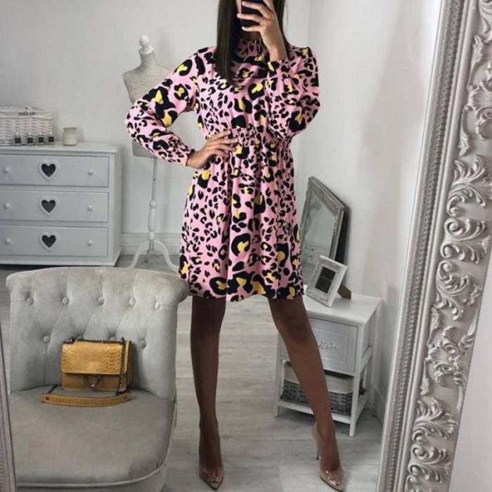 Leopard Printed Long Sleeve Turtle Neck Casual Dress