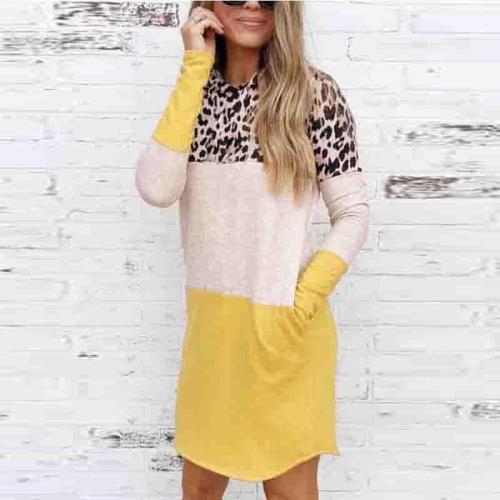 Hooded  Leopard Printed Patchwork  Long Sleeve Bodycon Dresses