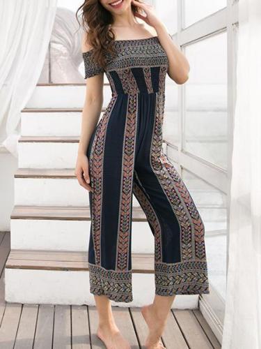Women's New Printing Casual Word Shoulder Jumpsuit