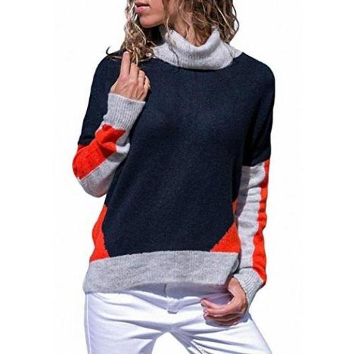 Casual Color Matching High Neck Long Sleeve Loose Sweater Knitted Sweater