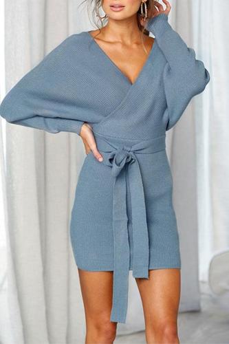 Sexy V Neck Backless Long Batwing Sleeve Knitting Bodycon Dress