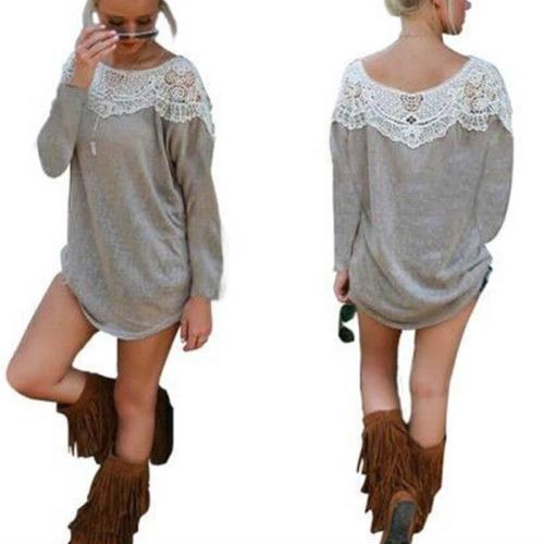 Lace Round Neck Long Sleeve Casual Blouse