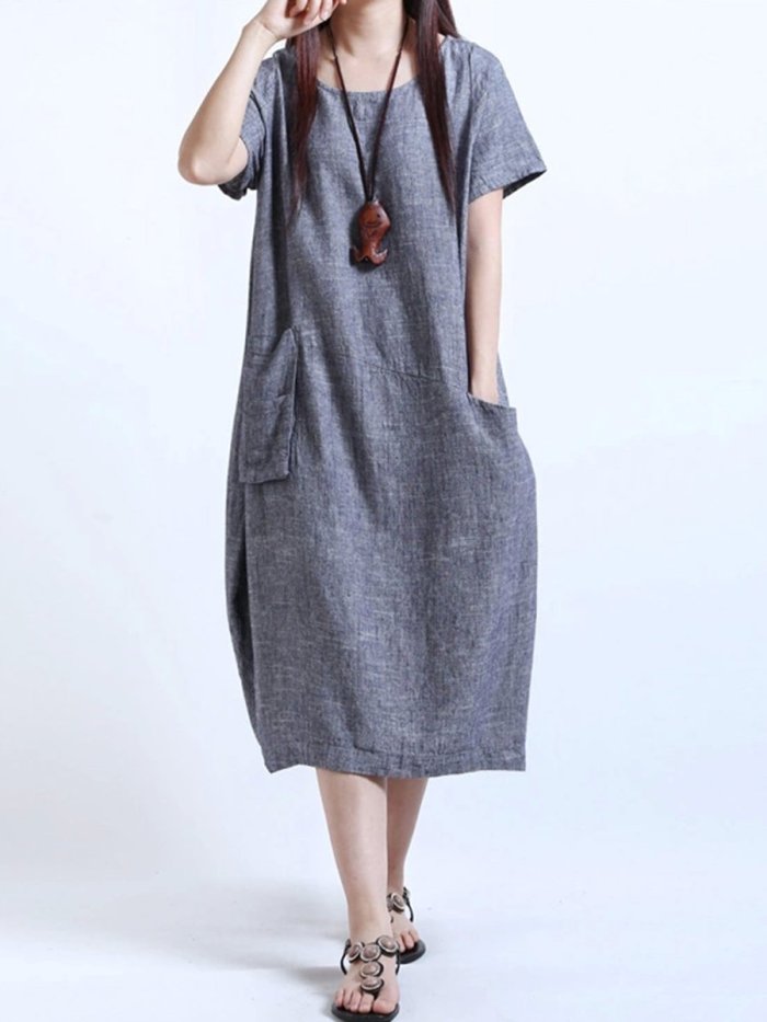Round Neck  Patch Pocket  Plain  Cotton/Linen Maxi Dress