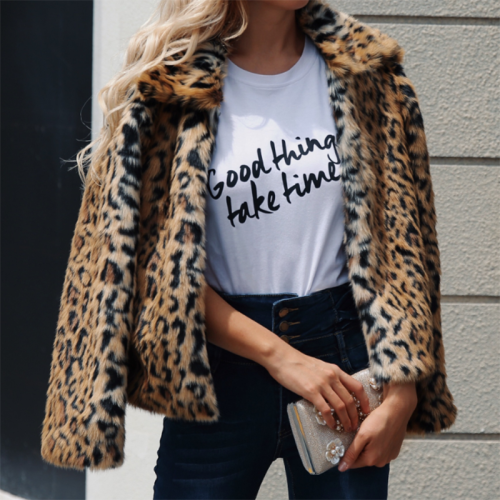Fashion Leopard Print Copy Fur Lapel Long Sleeve Plush Coat