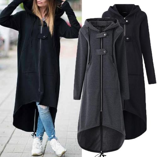 Hooded Long Sleeve Loose Zipper Asymmetrical Hem Coats