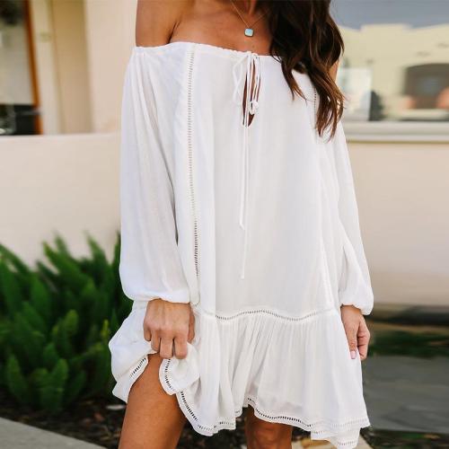 Sexy Off Shoulder Plain Long Sleeve Lace Up Casual Dress