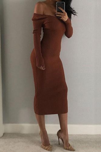 Sexy Open Shoulder  Plain  Long Sleeve Maxi Dresses