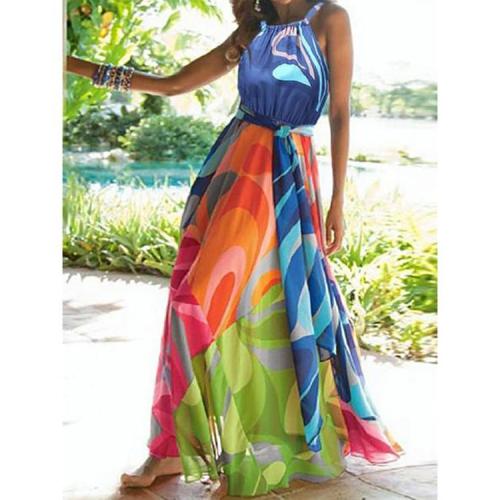 Floral-Print Straps Cross Neck Sleeveless Beach Maxi Dress