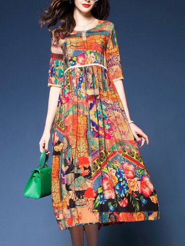 Colorful Printed Round Neck Empire Maxi Dress