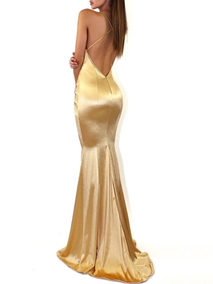 Spaghetti Strap Ruched Plain Mermaid Evening Dress