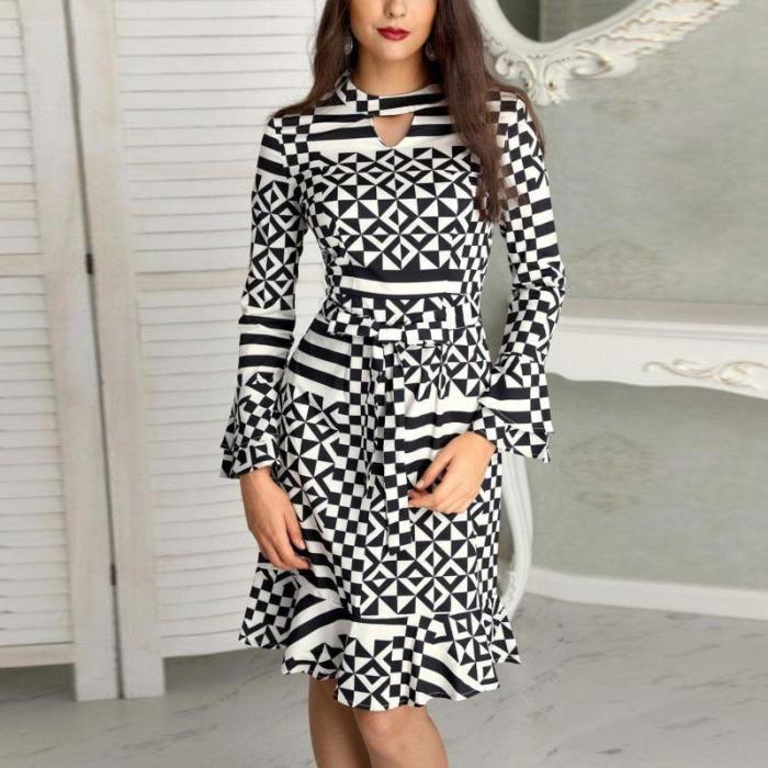 Round Neck Hollow Out Geometrical Printed Long Sleeve Casual Dresses