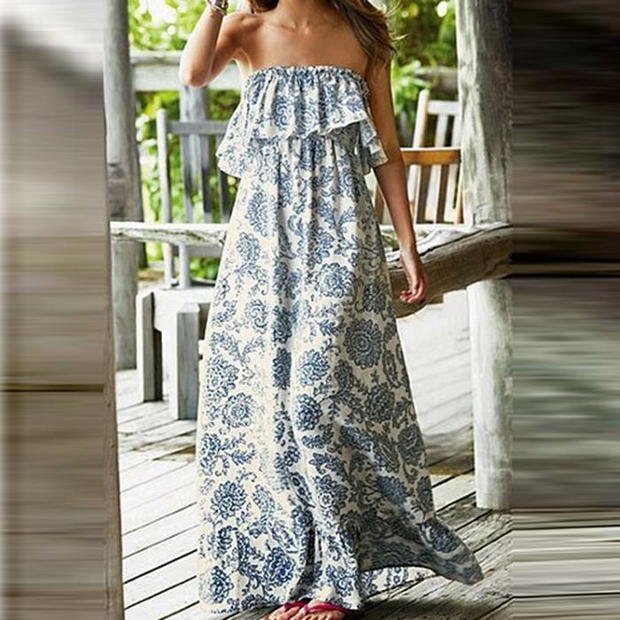 Bohemian Off-Shoulder Printing Strap Vacation Dress