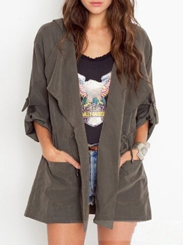 Hooded Drawstring Patch Pocket Plain Trench Coat