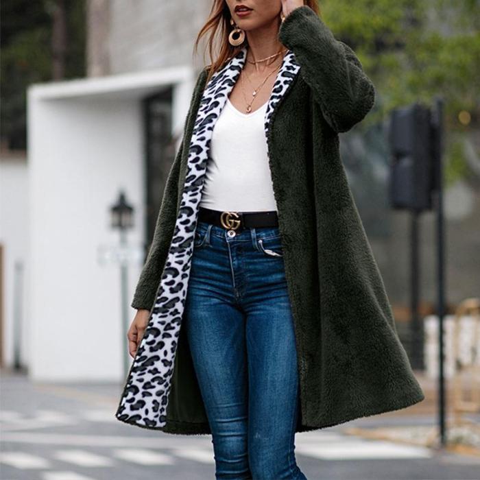 Fashion Leopard Printed Patchwork Long Sleeve Casual Fur Cardigans