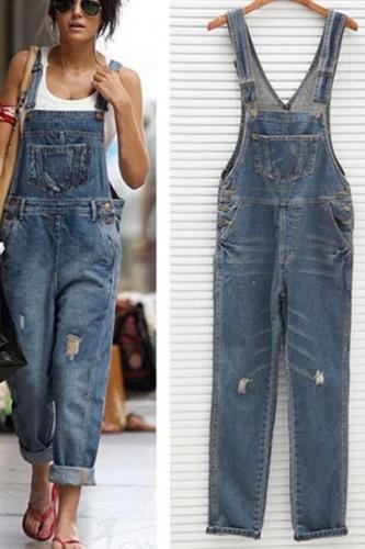2019 New Stylish Women Denim Overalls Scratched Washed Ripped Hole Jumpsuits
