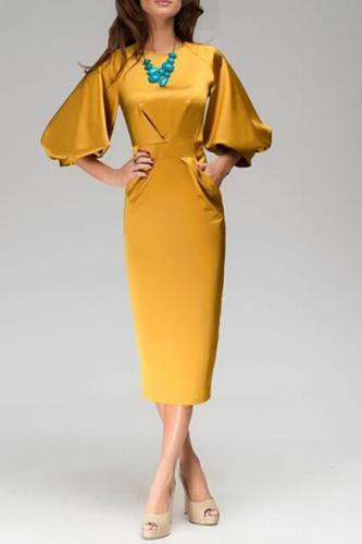 Sexy Seven-Minutes Lantern Sleeves Solid Color Bodycon Dress