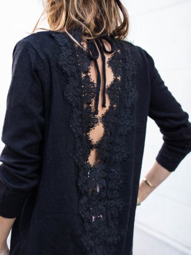 Fashion Back Hollow Out Lace Splicing T-Shirt