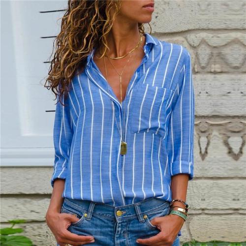 Commuting Stripe Patch Pocket Single-Breasted Long Sleeve Blouse