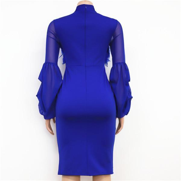 Mesh Bubble Long Sleeved Feather Bodycon Dress