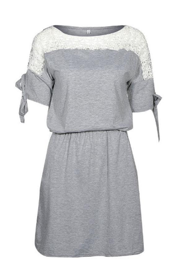 Round Neck  Hollow Out Patchwork  Short Sleeve Casual Dresses