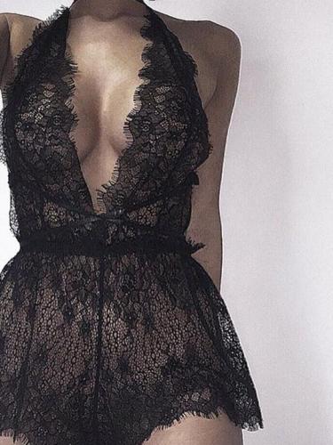 Deep V-Neck Lace-Up Hollow Out Sexy Lingerie