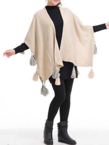 Knitted Casual Solid Fringed Asymmetric Plus Size Cape