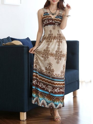 V Neck  Embossed Design  Print  Sleeveless Maxi Dresses