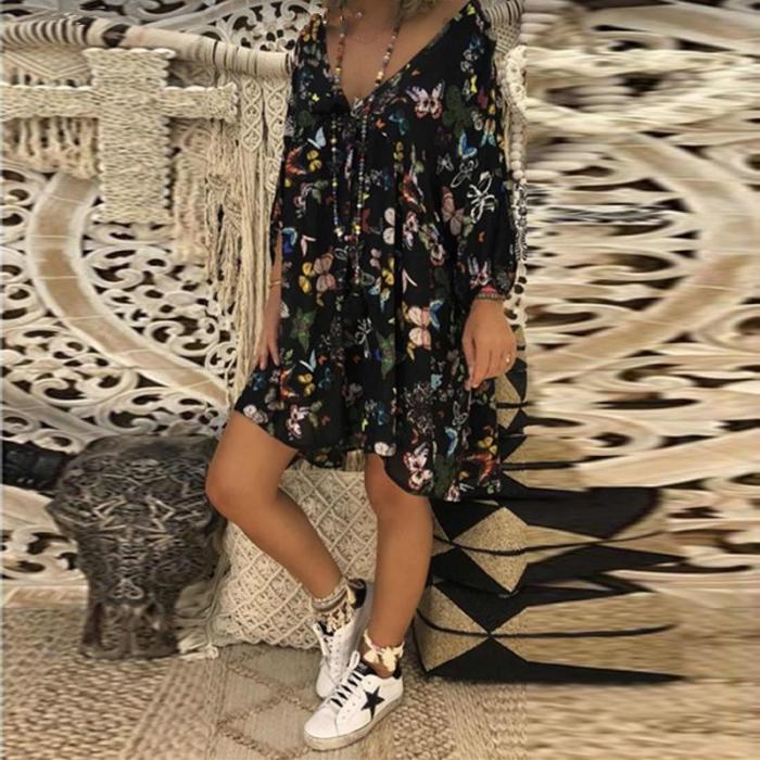 V Neck Floral Printed Long Sleeve Loose Casual Dress