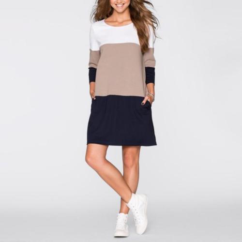 Round Neck Long Sleeve Color Block Casual Dress