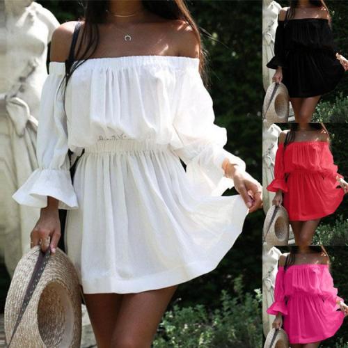 Sexy Off Shoulder Pure Color Beach Vacation Dress