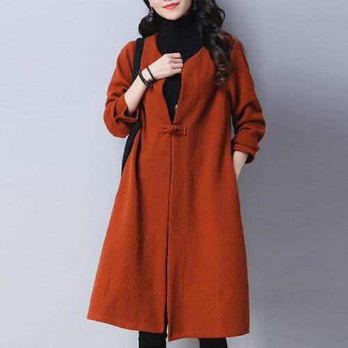 Collarless Single Button Plain Pocket Trench Coat